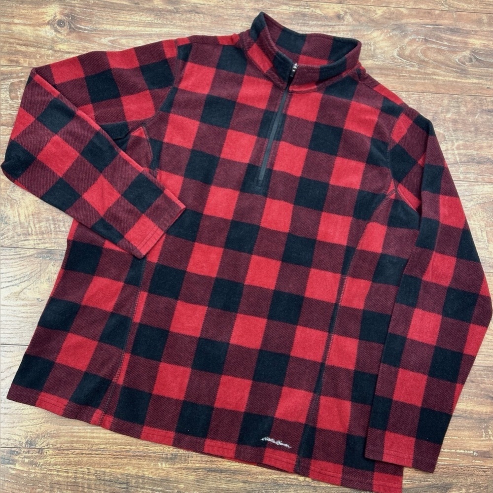 EDDIE BAUER 1/4 Zip Up Black & Red Buffalo Plaid Fleece Jacket Women's small